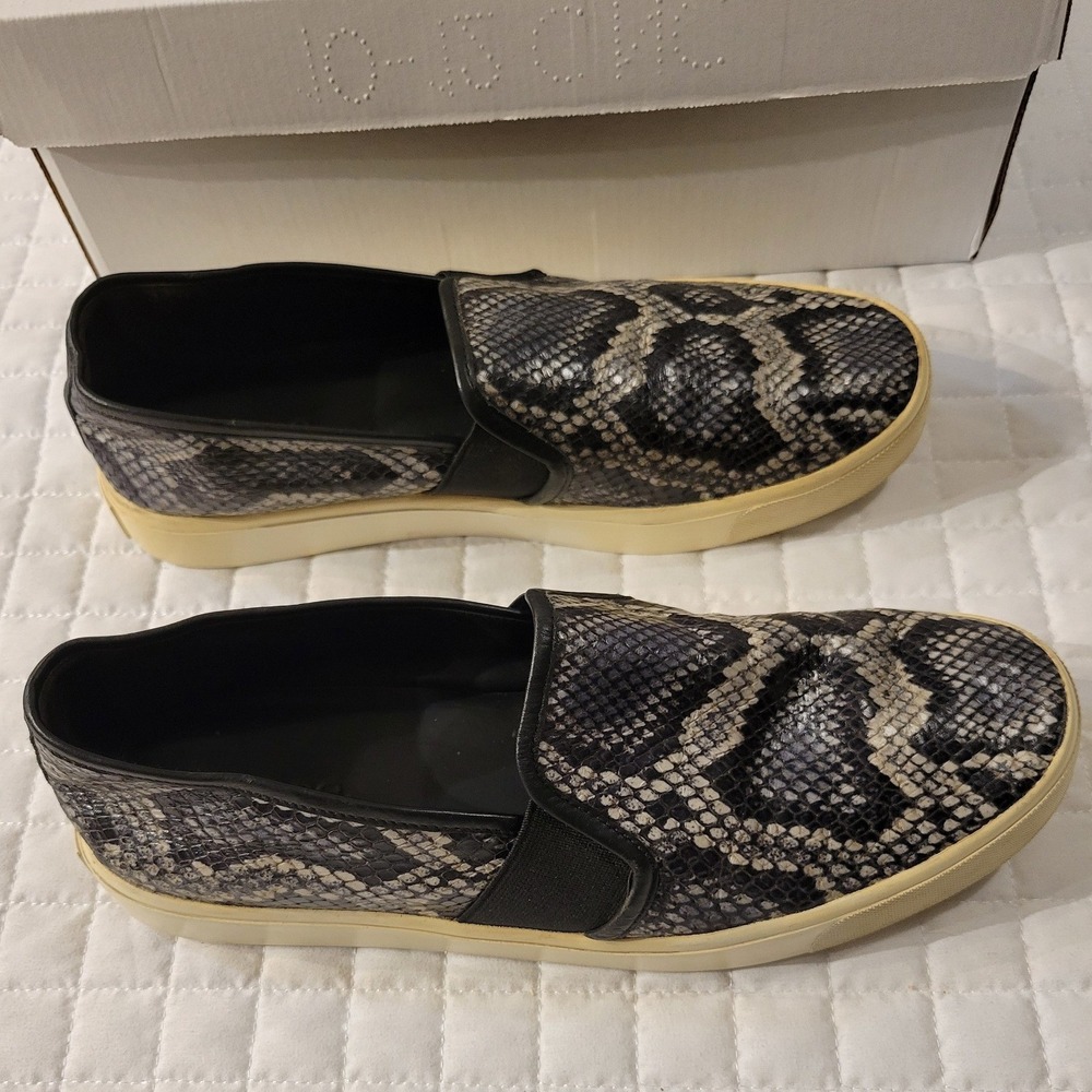 Vince Blair Women 8M Grey Black Cream Snakeskin Embossed Leather Slip On Sneaker